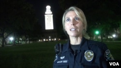 Monika McCoy is a police officer in Austin, Texas. McCoy’s father, Houston, helped stop gunman Charles Whitman during a mass shooting on the University of Texas campus 50 years ago. (G. Flakus/VOA)