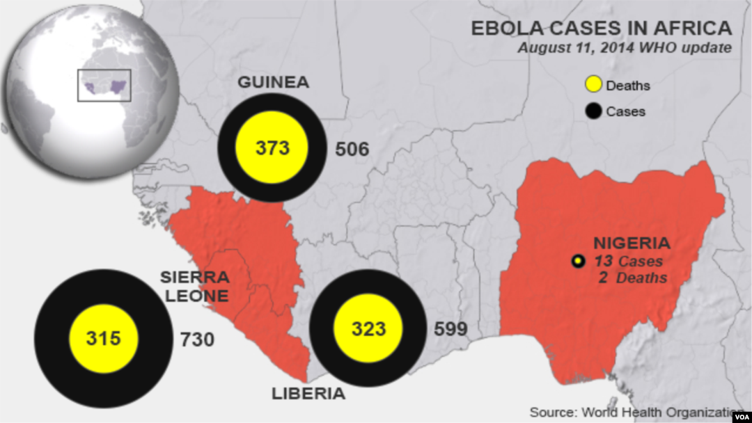 Ebola outbreaks, deaths in West Africa, as of August 11, 2014