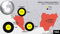 Regiões actualmente afectadas pelo vírus Ébola e número de óbitos na África Ocidental