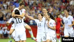 U.S. forward Kelley O'Hara celebrates her goal during the second half against Germany in the semifinals of the FIFA 2015 Women's World Cup at Olympic Stadium in Montreal, Quebec. (Credit: Jean-Yves Ahern-USA TODAY Sports)