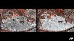 This combination of two satellite images released by Human Rights Watch shows the Masha al-Arb’een neighborhood in Hama, Syria on Sept. 28, 2012, left, and on Oct. 13, 2012.