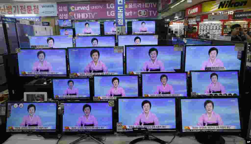 TV screens show a North Korean newscaster reading a statement from the North&#39;s Nuclear Weapons Institute during a news program at the Yongsan Electronic Market in Seoul, South Korea. North Korea said Friday it conducted a &quot;higher level&quot; nuclear warhead test explosion that will allow it to finally build &quot;at will&quot; an array of stronger, smaller and lighter nuclear weapons.