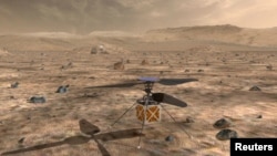 NASA's Mars Helicopter, a small, autonomous rotorcraft, which will travel with the agency's Mars 2020 rover, scheduled to launch in July 2020, to demonstrate the viability and potential of heavier-than-air vehicles on the Red Planet, is shown in this artist rendition from NASA/JPL in Pasadena, Calif., May 11, 2018.
