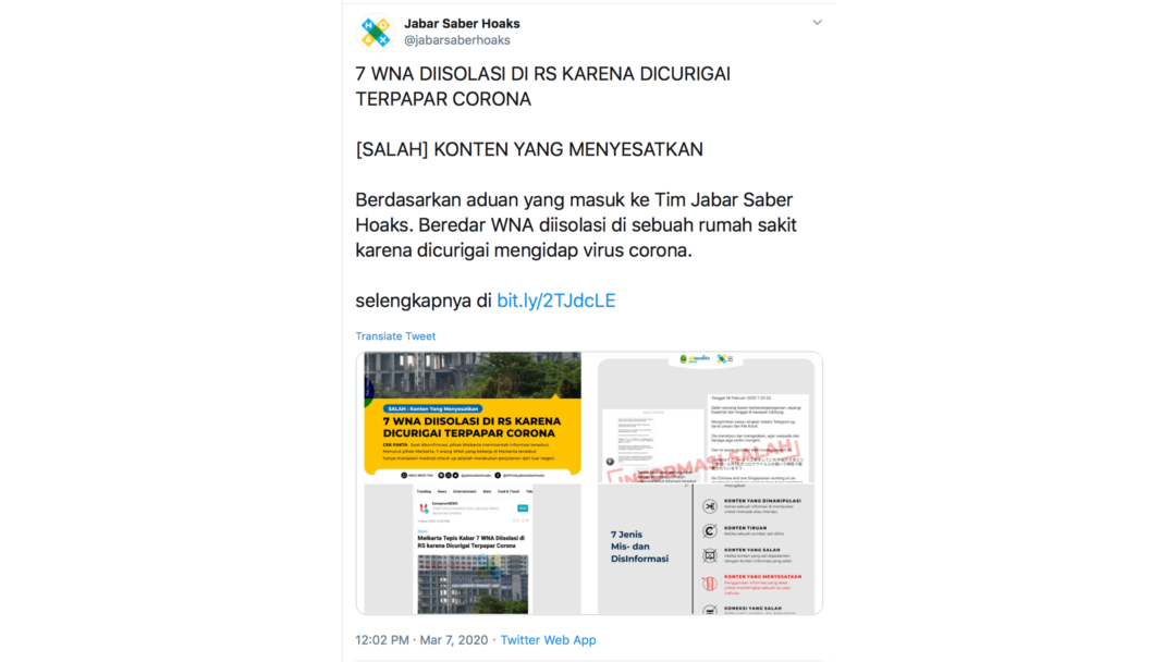 Jabar Saber Hoaks telah mengklarifikasi 54 hoaks, salah satunya soal 7 WNA diisolasi karena dicurigai terpapar corona. (Foto: Courtesy/@jabarsaberhoaks)