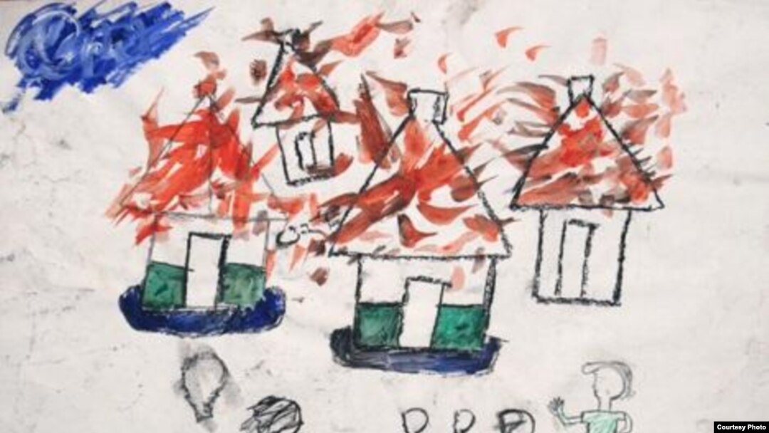 A drawing done in 2006 by a boy who had fled fighting between the Lord’s Resistance Army and government forces in northern Uganda. (Courtesy of Nickson Okwir and A River Blue.)