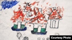 A drawing done in 2006 by a boy who had fled fighting between the Lord’s Resistance Army and government forces in northern Uganda. (Courtesy of Nickson Okwir and A River Blue.)