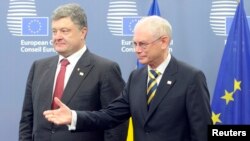 European Council President Herman Van Rompuy (R) welcomes Ukraine's President Petro Poroshenko (L) as he arrives at the EU council in Brussels, Aug. 30, 2014. 