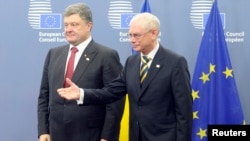 Chủ tịch Hội đồng châu Âu Herman Van Rompuy (phải) chào đón Tổng thống Ukraine Petro Poroshenko tại Hội đồng Liên minh châu Âu ở Brussels, 30/8/2014.