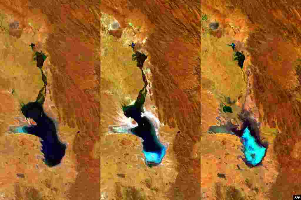 Handout picture released by the European Space Agency of a photo composition taken by ESA&rsquo;s Proba-V minisatellite showing as the second largest lake in Bolivia gradually dried up. Lake Poopo was declared fully evaporated in 2015. The three 100-m resolution Proba-V images shown here were taken on 27 April 2014, 20 July 2015 and 22 January 2016 respectively.