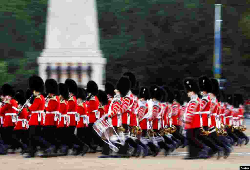 Members of the Massed Bands of the Household Division march during the yearly Beating Retreat military event at Horse Guards Parade in London, Britain, June 6, 2019.