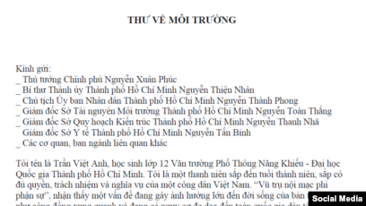 Phần đầu bức thư gửi Thủ tướng Việt Nam Nguyễn Xuân Phúc của học sinh Trần Việt Anh. Photo Facebook Trần Việt Nam.