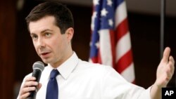 2020 Democratic presidential candidate South Bend Mayor Pete Buttigieg speaks during a town hall meeting in Fort Dodge, Iowa, April 16, 2019. 