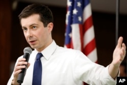 FILE - 2020 Democratic presidential candidate South Bend Mayor Pete Buttigieg speaks during a town hall meeting in Fort Dodge, Iowa, April 16, 2019.