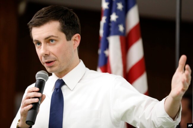 FILE - 2020 Democratic presidential candidate South Bend Mayor Pete Buttigieg speaks during a town hall meeting in Fort Dodge, Iowa, April 16, 2019.