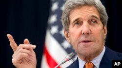 U.S. Secretary of State John Kerry speaks to members of the media at King Salman Regional Air Base in Riyadh, Saudi Arabia, Jan. 23, 2016. 