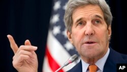 U.S. Secretary of State John Kerry speaks to members of the media at King Salman Regional Air Base in Riyadh, Saudi Arabia, Jan. 23, 2016. 