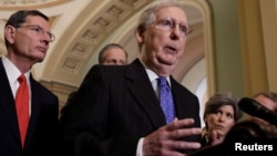 FILE - U.S. Senate Majority Leader Mitch McConnell (R-KY) speaks to Capitol Hill reporters in Washington, U.S., Jan. 15, 2019. 