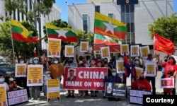 缅甸人普遍指控北京支持军政府政变。图为洛杉矶缅甸社区2021年3月31日在中领馆前抗议。（洛杉矶缅甸民主团体提供）