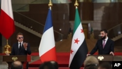 Dîmenek ji preskonferansa hevbeş  ya Serokê Fransa Emmanuel Macron û hevtayê wî yê Sûrî Ehmed el-Şara, Şam, 7’ê Tîrmeha 2026’an.