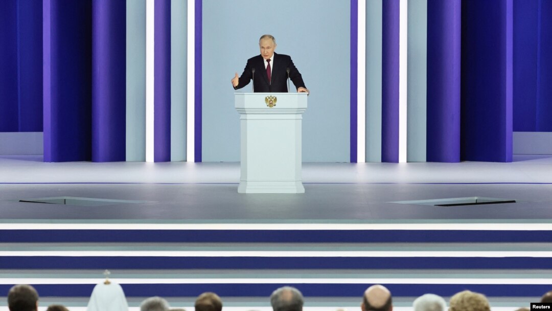 Tổng thống Nga Vladimir Putin phát biểu trước Quốc hội hôm 21/2/2023.