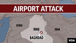 IRAQ shaded relief map highlighted with BAGHDAD blast locator, with AIRPORT ATTACK lettering, finished graphic