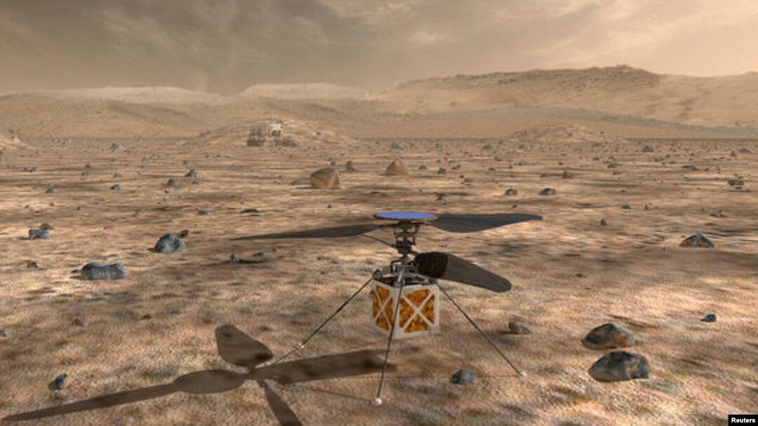 Hasil lukisan artis NASA/JPL di Pasadena, California, yang menggambarkan helikopter yang akan dikirim NASA ke Planet Mars, sebuah pesawat berbaling-baling swakemudi berukuran kecil yang akan melakukan perjalanan ke planet itu bersamaan dengan kendaraan penjelajah Mars 2020 milik NASA. Helikopter ini dijadwalkan meluncur bulan Juli 2020, untuk menunjulkkan kelayakan dan potensi kendaraan yang lebih berat dari udara di Planet Merah tersebut, 11 Mei 2018. (Courtesy: NASA/JPL-Caltech/Dibagikan via REUTERS)