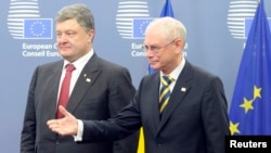 European Council President Herman Van Rompuy (R) welcomes Ukraine's President Petro Poroshenko (L) as he arrives at the EU council in Brussels, Aug. 30, 2014. 