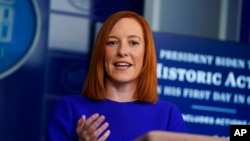 White House press secretary Jen Psaki speaks during a press briefing at the White House, Jan. 20, 2021, in Washington.