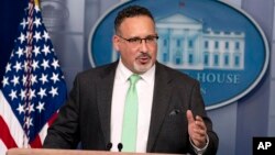 Education Secretary Miguel Cardona speaks during a press briefing at the White House, Wednesday, March 17, 2021, in Washington. (AP Photo/Andrew Harnik)