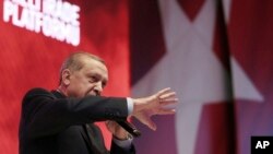 Turkey's President Recep Tayyip Erdogan addresses his supporters during a referendum meeting in Istanbul, April 12, 2017.