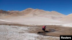 Microbiologist Maria Eugenia Farias from the National Scientific and Technical Research Council measures the temperature and salinity of a hydrothermal vent in the crater of the Galan Volcano, at over 15,400 feet above sea level in Argentina, Aug. 4, 2010
