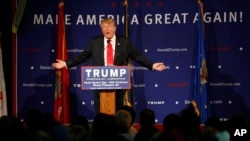 Republican presidential candidate, businessman Donald Trump speaks at a rally aboard the aircraft carrier USS Yorktown in Mt. Pleasant, South Carolina, Dec. 7, 2015. He defended his plan to stop Muslims from entering the country, Dec. 8, 2015. 