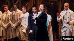 FILE - Lin-Manuel Miranda, actor and creator of the of the play "Hamilton," addresses the audience after the play's opening night on Broadway in New York, Aug. 6, 2015.