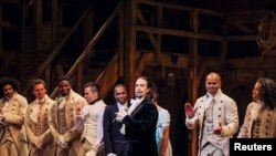 FILE - Lin-Manuel Miranda, actor and creator of the of the play "Hamilton," addresses the audience after the play's opening night on Broadway in New York, Aug. 6, 2015.