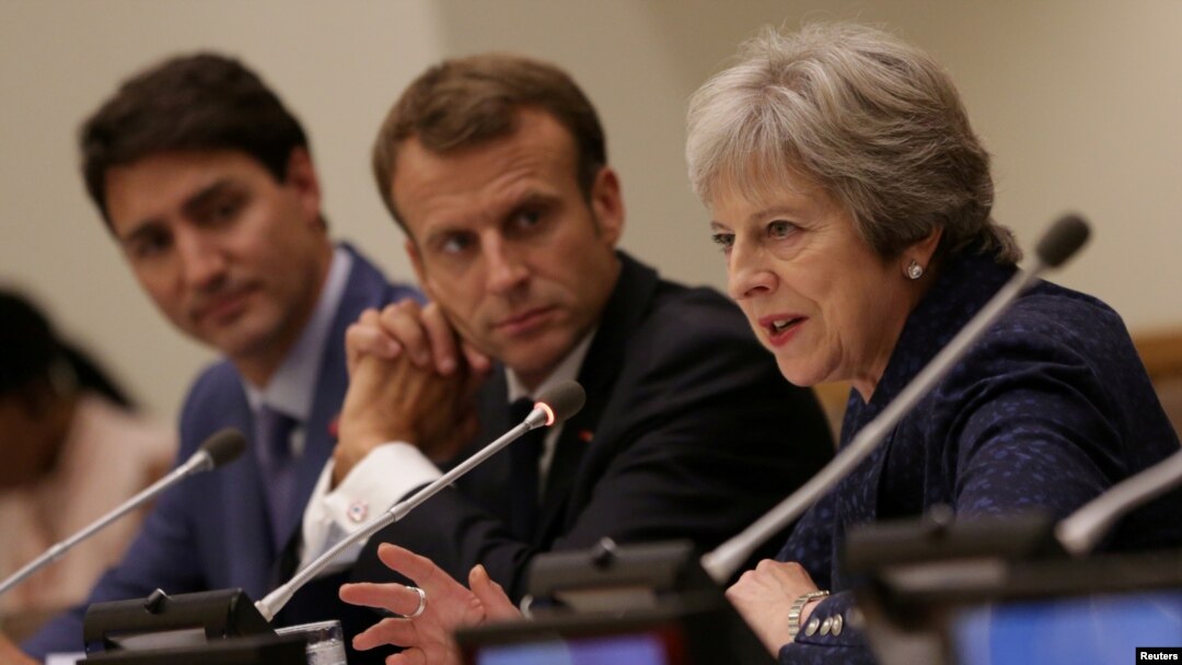 British Prime Minister Theresa May speaks during a session on girls' education on the sidelines of the General Assembly at U.N. headquarters in New York, Sept. 25, 2018.