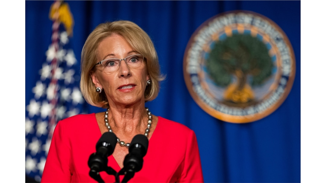 Education Secretary Betsy DeVos speaks during a White House Coronavirus Task Force briefing at the Department of Education building, July 8, 2020, in Washington.