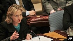 US Secretary of State Hillary Clinton speaks during a meeting at the UN Security Council at the United Nations in New York City to discuss the upcoming referendum in Sudan and to express deep concern about Darfur, 16 Nov 2010