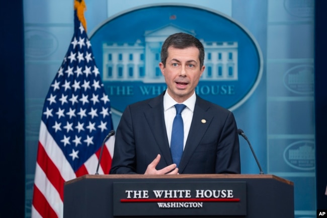 FILE - Transportation Secretary Pete Buttigieg speaks about the Francis Scott Key Bridge collapse during a press briefing at the White House, Wednesday, March 27, 2024, in Washington. (AP Photo/Evan Vucci)