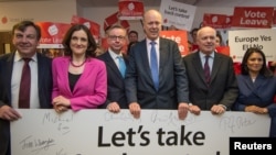 British politicians (L-R) John Whittingdale, Theresa Villiers, Michael Gove, Chris Grayling, Iain Duncan Smith and Priti Patel pose for a photograph at the launch of the Vote Leave campaign, at the group's headquarters in central London, Feb. 20, 2016. 