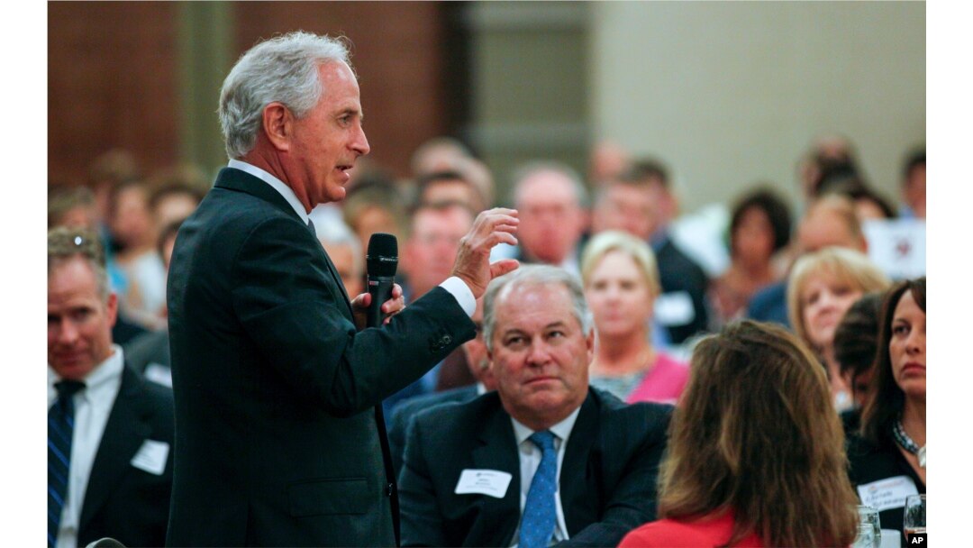 U.S. Sen. Bob Corker, R-Tenn., speaks to the Chamber of Commerce in Knoxville, Tenn., Aug. 16, 2017.
