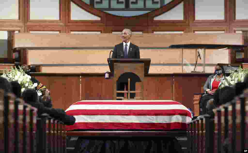 Former President Barack Obama addresses during the funeral service for the late Rep. John Lewis, D-Ga., at Ebenezer Baptist Church in Atlanta, Georgia.