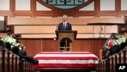 Former President Barack Obama, addresses the service during the funeral for the late Rep. John Lewis, D-Ga., at Ebenezer Baptist Church in Atlanta, Thursday, July 30, 2020. 