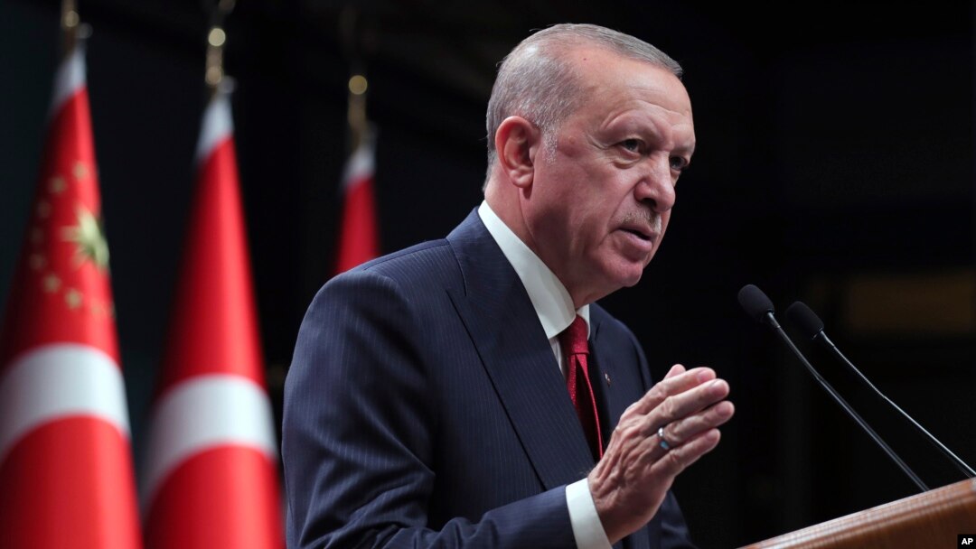 FILE - Turkish President Recep Tayyip Erdogan speaks after a Cabinet meeting, in Ankara, Turkey, Oct. 11, 2021.