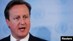 British Prime Minister David Cameron speaks during a news conference at the United Nations headquarters in New York, May 15, 2013. 