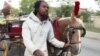 Arabber leads horse through streets of Baltimore, Maryland. 