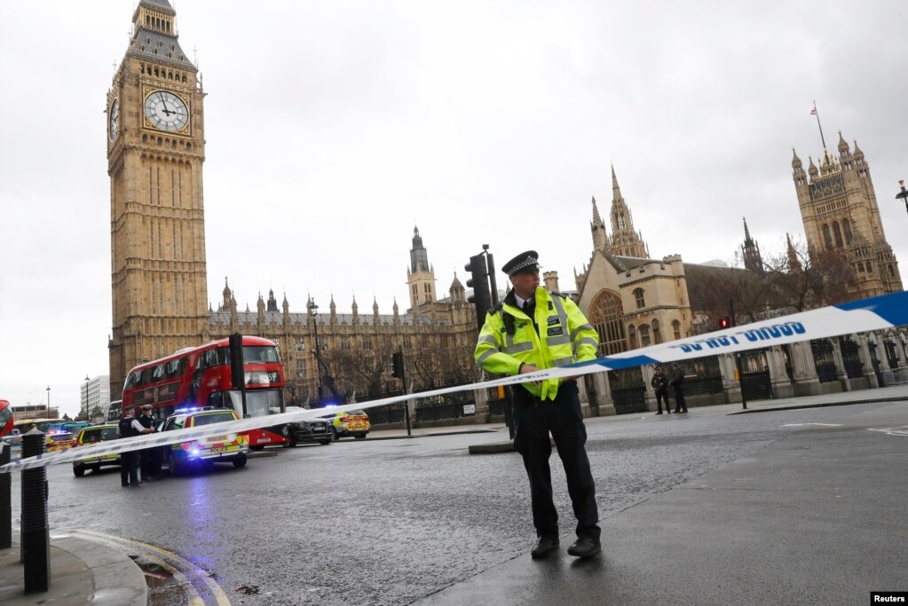 Police tapes off Parliament Square after reports of loud bangs, in London, Britain, March 22, 2017. 