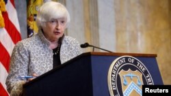 FILE PHOTO: U.S. Treasury Secretary Janet Yellen holds a news conference at the U.S. Treasury Department in Washington