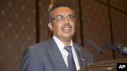 FILE - Former Ethiopian health minister, Tedros Adhanom Ghebreyesus, seen here speaking in Geneva, Switzerland, May 24, 2016, if elected, would be the first African to lead the World Health Organization.