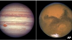 Jupiter, left, and Mars will appear to be very close in the sky on Aug. 14, 2023. (Really, though, they are 575 million kilometers apart.) (NASA via AP)