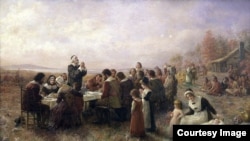 The first joint Thanksgiving as envisioned by artist Jennie Augusta Brownscombe (1850-1936), “The First Thanksgiving” (1914), oil on canvas, Pilgrim Hall Museum, Plymouth, Massachusetts.